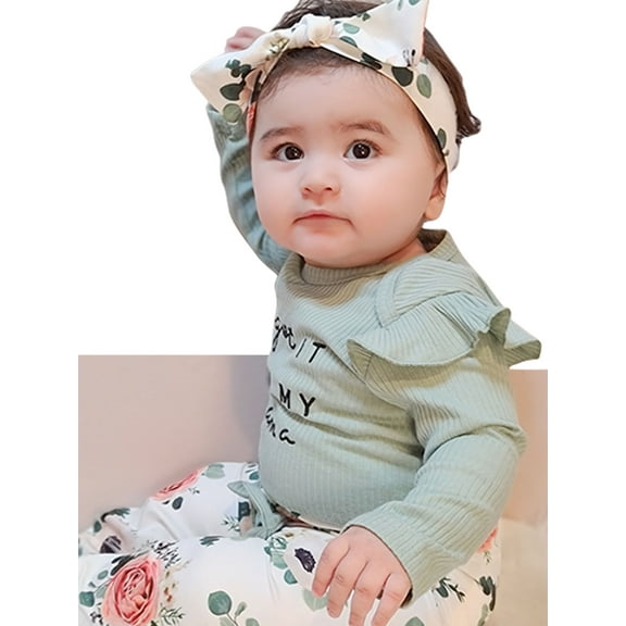 CARETOO Newborn Baby Girl Casual Clothes Outfit Ruffle Romper Shirt Pants Headband Set Cotton Fabric