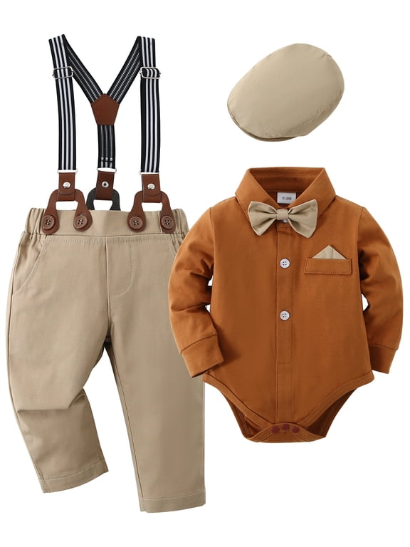 Newborn Boy Clothes 0-18M Infant Boys Suit 4pcs Tuxedo Outfit Shirt Pants Beret Bowtie Sets