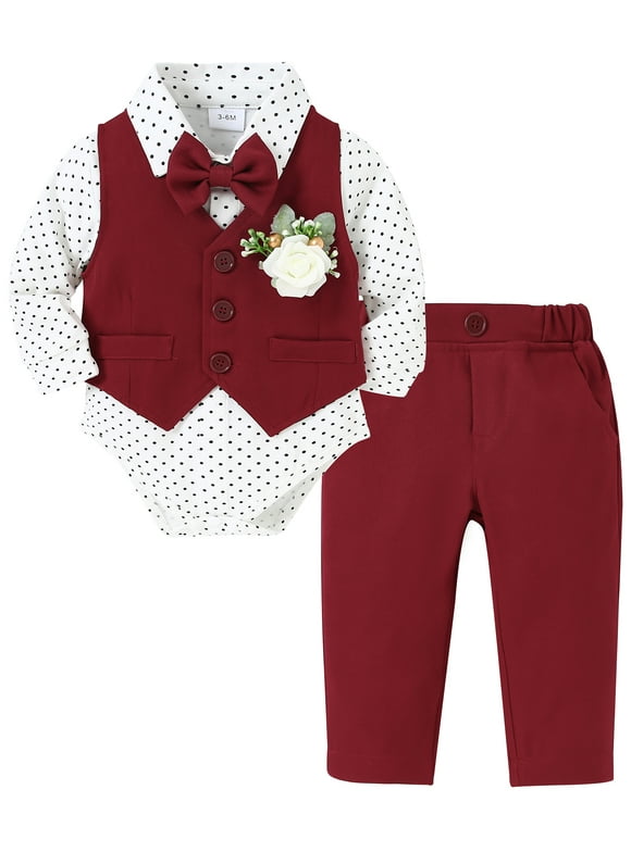 Newborn Boy Dress Outfit Baby Boy Suit Dress Clothes 5Pcs Set Infant Dress Shirt Vest Bowtie Corsage Pants Baby Boy church outfit 0-24 Months