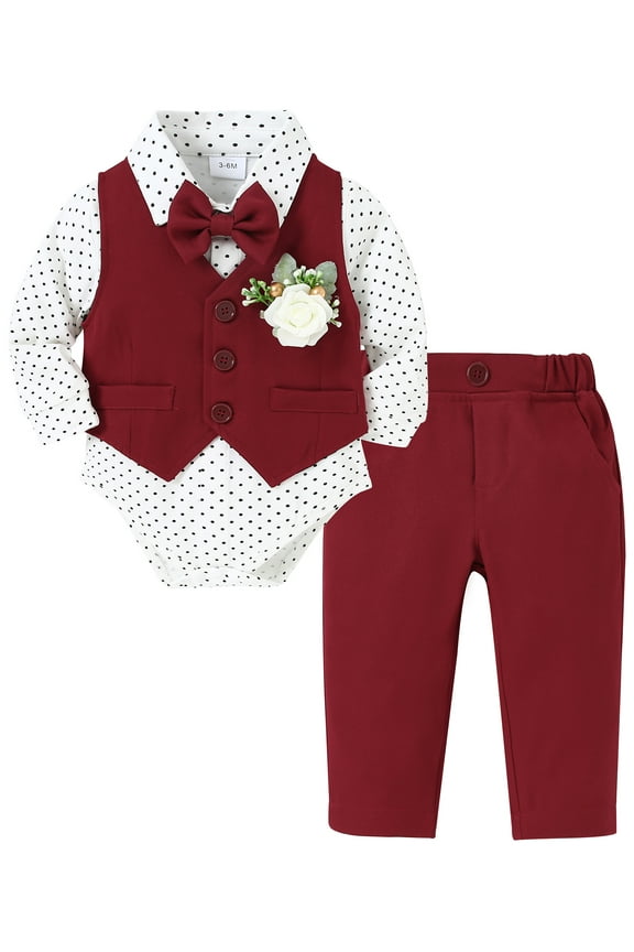 Newborn Boy Dress Outfit Baby Boy Suit Dress Clothes 5Pcs Set Infant Dress Shirt Vest Bowtie Corsage Pants Baby Boy church outfit 0-24 Months
