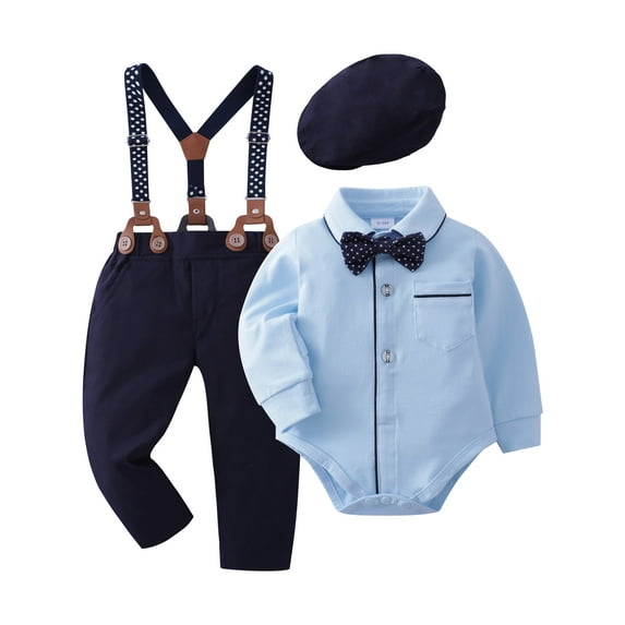 CARETOO Newborn Boy Clothes Suits Dress Shirt Beret Suspender Pants Bowtie Outfit Wedding 4Pcs Set