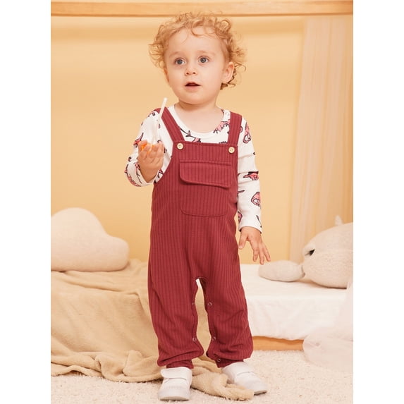 CARETOO Infant Baby Boy Clothes 0-18 Months Newborn Overalls Outfits 2Pcs Dinosaurs Romper Bodysuit Bib Overall Pants Cute Jumpsuit Set