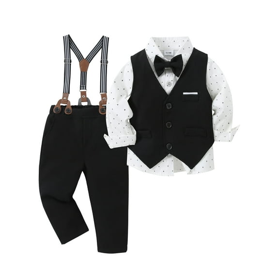 CARETOO Toddler Baby Boy Clothes 1-5T Formal 4Pcs Set Long Sleeves Shirt Suspender Pants Bowtie Vest