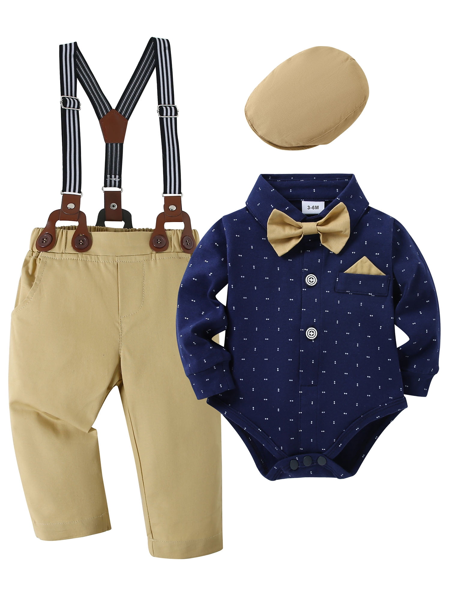 CARETOO Toddler Baby Boy Clothes 3-24 Months Outfit Formal Dress Shirt Suspender Pants Beret Hat Bow Tie 4pcs