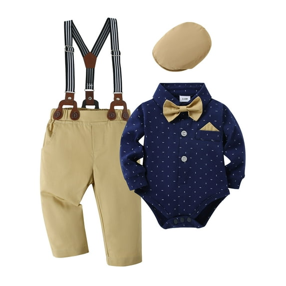 CARETOO Toddler Baby Boy Clothes 3-24 Months Outfit Formal Dress Shirt Suspender Pants Beret Hat Bow Tie 4pcs