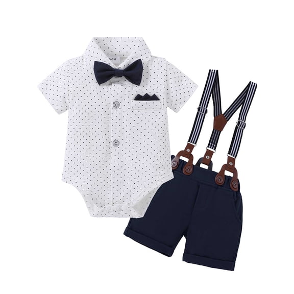 CARETOO Baby Boy Clothes Suits,Infant Gentleman Outfits Short Sleeves Romper  BowTie   Suspender Pants Wedding Set 18 Months