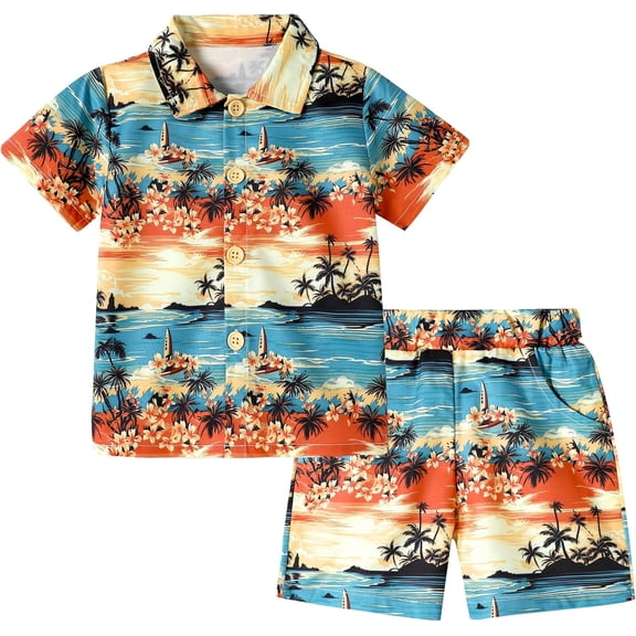 CARETOO Toddler Baby Boy Clothes Hawaiian Outfit Shorts Sets Printed Button Down Shirt and Shorts Summer Beach Clothes Size 2-3T