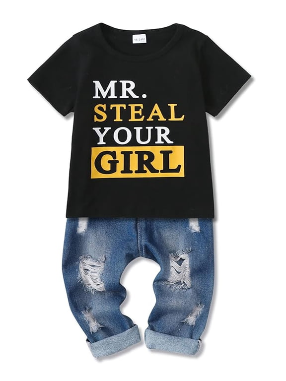 Toddler Baby Boy Clothes Outfit Short Sleeve Letter T-shirt Ripped Jeans 2pcs Set Boy Suit