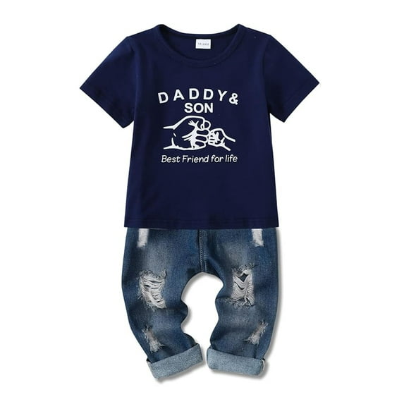 CARETOO Toddler Baby Boy Clothes Outfit Short Sleeve Letter T-shirt Ripped Jeans 2pcs Set Boy Suit