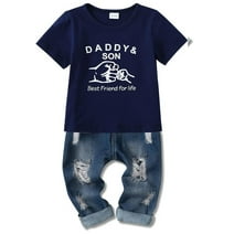 CARETOO Toddler Baby Boy Clothes Outfit Short Sleeve Letter T-shirt Ripped Jeans 2pcs Set Boy Suit