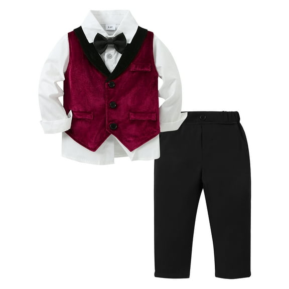CARETOO Toddler Baby Boy Clothes Suit 2-7T Formal Dress Shirt Bowtie Velvet Waistcoat Pants 4PCS