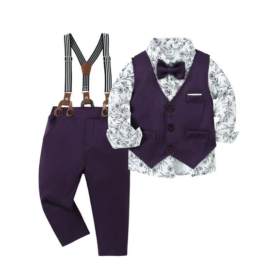CARETOO Toddler Baby Boy Clothes Suit Formal Print Dress Shirt Bowtie Waistcoat Suspender Pants 4pcs