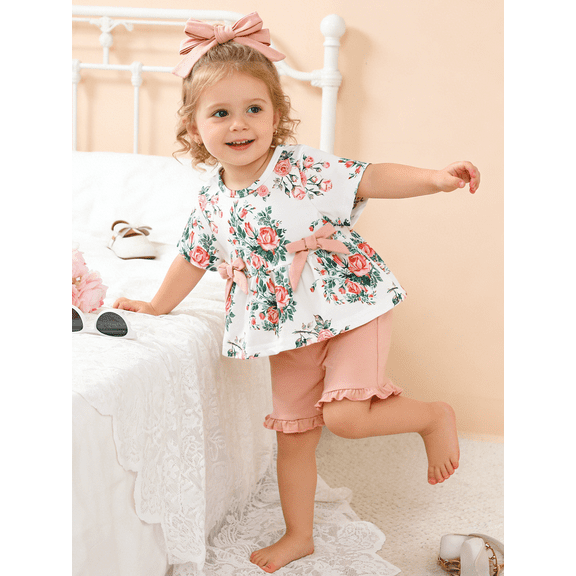 CARETOO Toddler Baby Girl Clothes Summer Outfits Set T-Shirt Casual Shorts Headband 3Pcs 95% Cotton