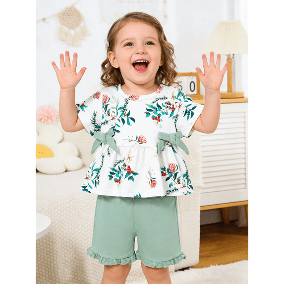 CARETOO Toddler Baby Girl Clothes Summer Outfits Set T-Shirt Casual Shorts Headband 3Pcs 95% Cotton