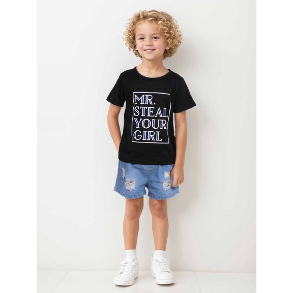 CARETOO Toddler Boy And Girl Clothes 2Pcs Summer Casual Outfit Short Sleeves Tops Short Ripped Jeans