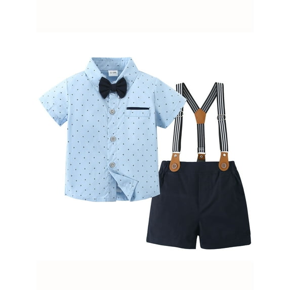 CARETOO Toddler Boy Clothes 1-5T Dress Shirt Suspender Pants Bowtie Outfits 3pcs Cotton Fabric Set