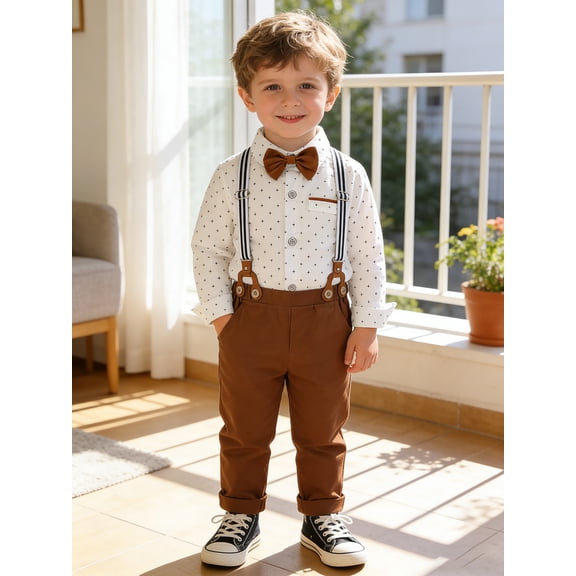 CARETOO Toddler Boys Suit Boys Formal Outfit Set Dress Shirt Bowtie Suspender Pants 1-5T Baby Boy Church Christening Wedding Easter Clothes 3T