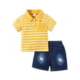 thumbnail image 1 of CARETOO Toddler Boy Clothes 2T 3T 4T 5T Casual Stripe Cotton Fabric Polo Shirt Denim Shorts 2pcs Set, 1 of 12