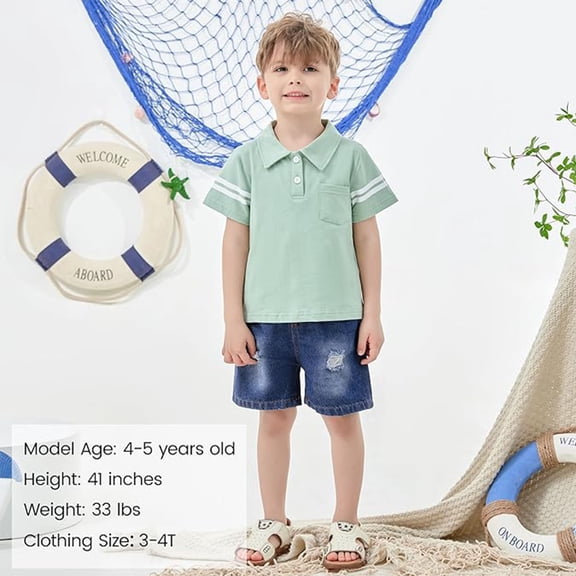 CARETOO Toddler Boy Clothes 2T 3T 4T 5T Summer Casual Cotton Fabric Polo Shirt Denim Shorts Set