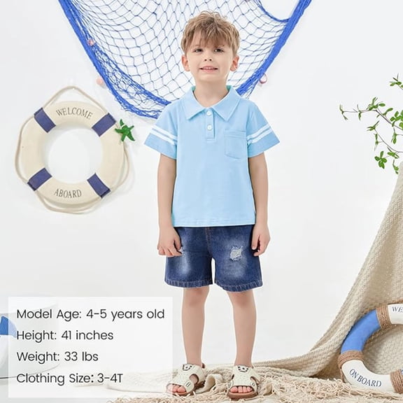 CARETOO Toddler Boy Clothes 2T 3T 4T 5T Summer Casual Cotton Fabric Polo Shirt Denim Shorts Set