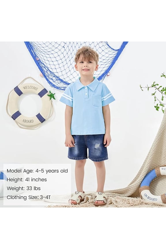 Toddler Boy Clothes 2T 3T 4T 5T Summer Casual Cotton Fabric Polo Shirt Denim Shorts Set