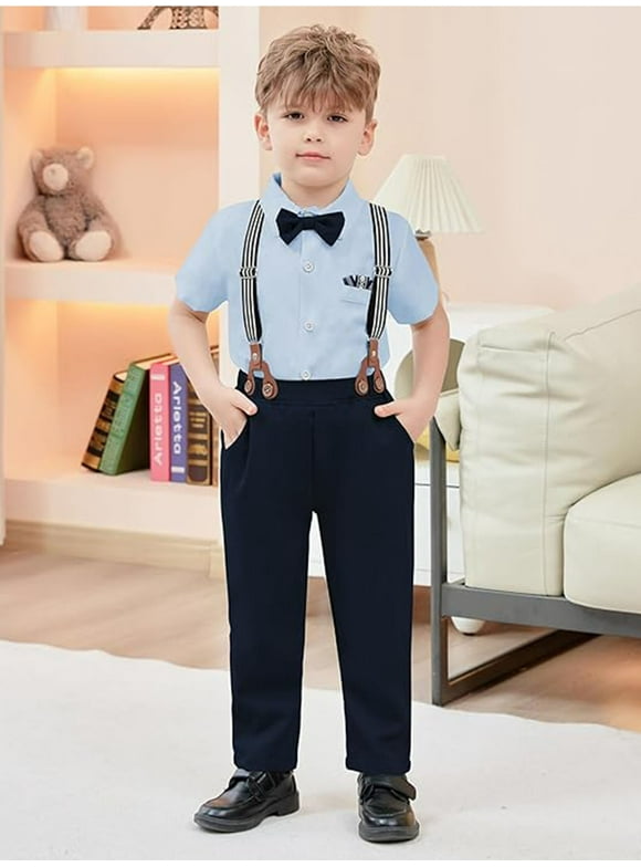 Toddler Baby Boy Clothes Suit Gentleman Wedding Outfits, Formal Dress Shirt with Bowtie + Suspender Pants 1-5 Years