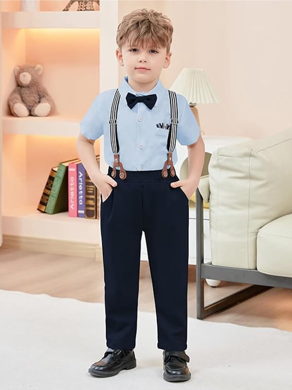 Toddler Baby Boy Clothes Suit Gentleman Wedding Outfits, Formal Dress Shirt with Bowtie + Suspender Pants 1-5 Years