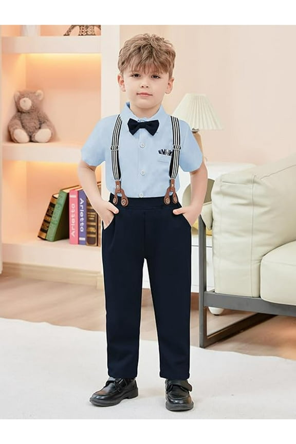 Toddler Baby Boy Clothes Suit Gentleman Wedding Outfits, Formal Dress Shirt with Bowtie + Suspender Pants 1-5 Years