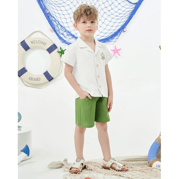 CARETOO Toddler Boy Summer Outfits Short Sleeve Button Down Shirt Tops & Khaki Casual Shorts Sets Baby 12Months-5T Clothes