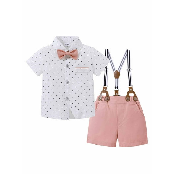 CARETOO Toddler Boy Clothes Formal Suit Cotton Fabric Short Sleeves Shirt Pants Bowtie 3pcs Set