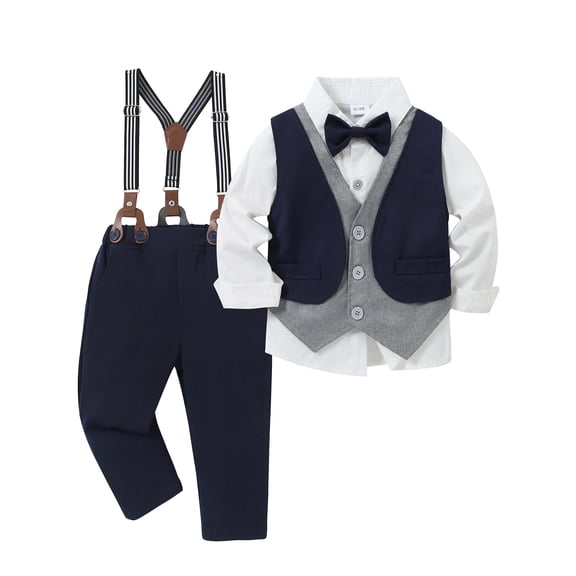 CARETOO Toddler Boy Clothes Little Boys Dress Shirt Layered Vest Bowtie Pants 4Pcs Set Party Outfits