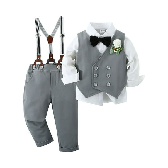 CARETOO Toddler Boy Clothes Set 1-5T Wedding Outfit Formal Dress Shirt Bowtie Corsage Suspender Pants