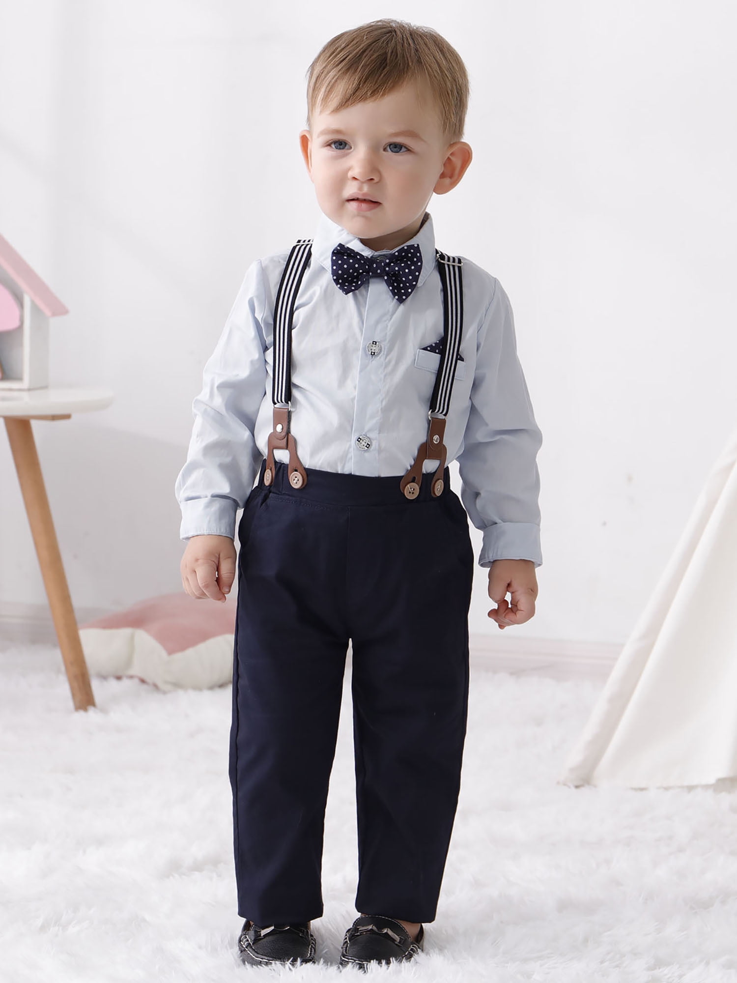 CARETOO Toddler Boy Clothes Set Cotton Fabric Formal Outfits Shirt Suspender Pants Bowtie 1-5T 3pcs