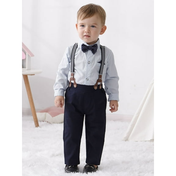 CARETOO Toddler Boy Suits Outfit 1-6T Toddler Baby Boy Formal Dress Shirt Suspender Pants Bowtie 3PCS Baptism Church Clothes