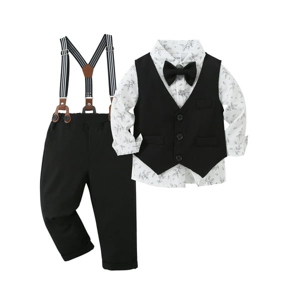 CARETOO Toddler Boy Clothes Set Formal Suit Shirt Waistcoat Suspender Pants Tie 12M-5T Cotton Fabric