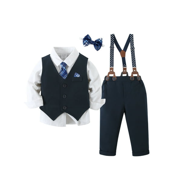 CARETOO Toddler Boy Clothes Set Infant Formal Shirt Waistcoat Suspender Pants Necktie Bowtie 12M-5T