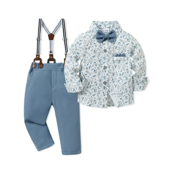 CARETOO Toddler Boy Clothes Sets 1-5 Years Formal Floral Dress Shirt Bowtie Suspender Pants 3pcs