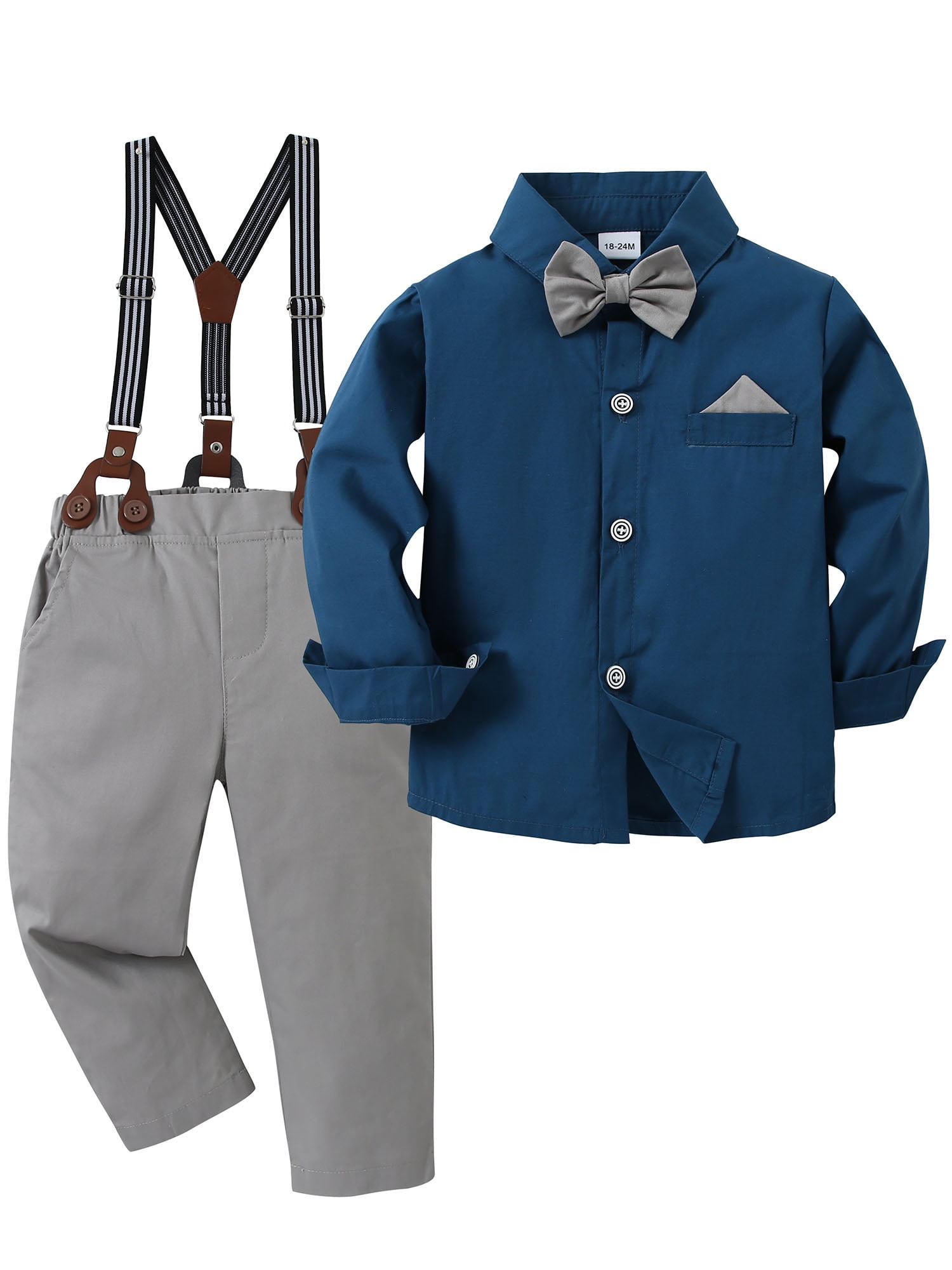 CARETOO Toddler Boy Suit Clothes Set Baby Boy Formal Wear Shirt Bowtie Suspender Pants Wedding 1-5T 3pcs Church Baptism Outfit