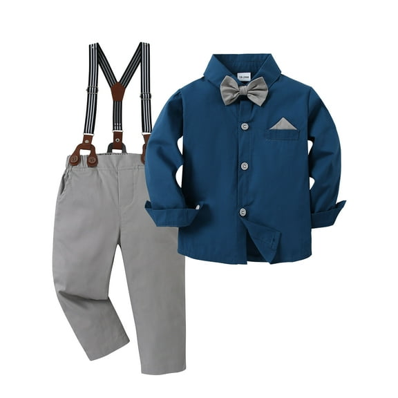 CARETOO Toddler Boy Suit Clothes Set Baby Boy Formal Wear Shirt Bowtie Suspender Pants Wedding 1-5T 3pcs Church Baptism Outfit
