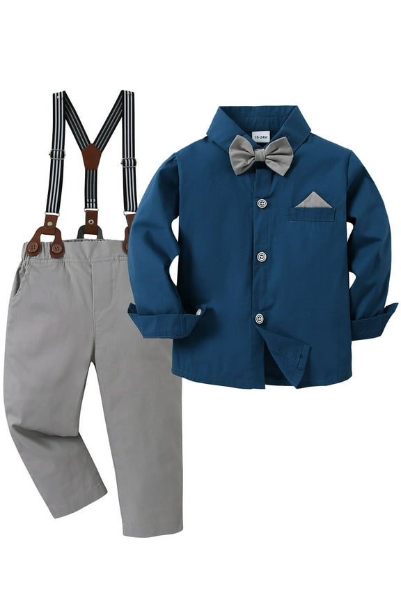 Toddler Boy Suit Clothes Set Baby Boy Formal Wear Shirt Bowtie Suspender Pants Wedding 1-5T 3pcs Church Baptism Outfit