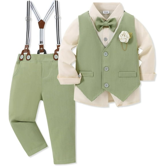 CARETOO Toddler Boy Clothes Suit Formal Dress Shirt+Bowtie+Vest+Boutonniere+Suspender Pants Boys Gentleman Outfits Set Size 5t
