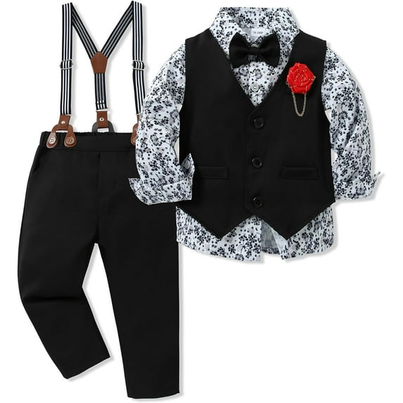 CARETOO Toddler Boy Clothes Suit Formal Dress Shirt+Bowtie+Vest+Boutonniere+Suspender Pants Boys Gentleman Outfits Set