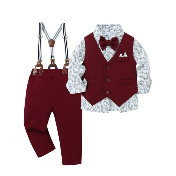 CARETOO Toddler Boy Clothes Suit Formal Dress Shirt Bowtie Vest Suspender Pants Gentleman Outfits