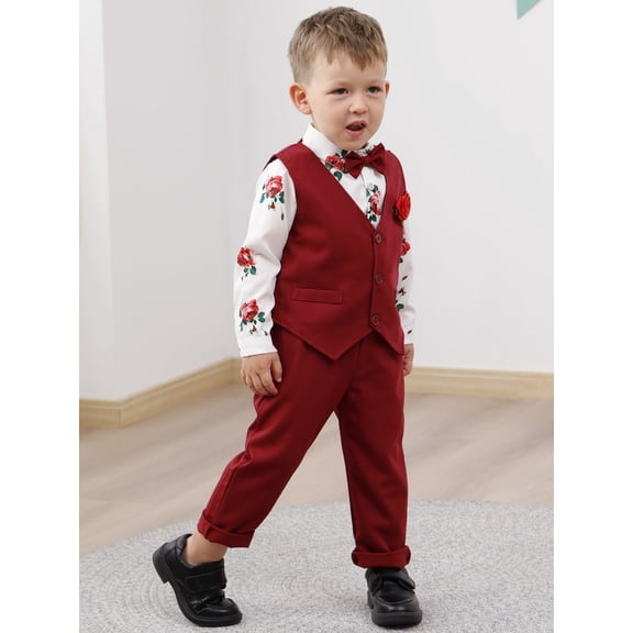 Toddler Boy Clothes Suit 1-6T Boys Formal Dress Shirt   Bowtie  Vest  Boutonniere  Suspender Pants Boys Gentleman Outfits Set