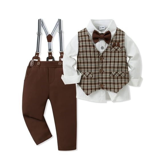 CARETOO Toddler Boy Clothes Suit Formal Plaid Shirt Waistcoat Tie Suspender Pants Cotton Fabric Set