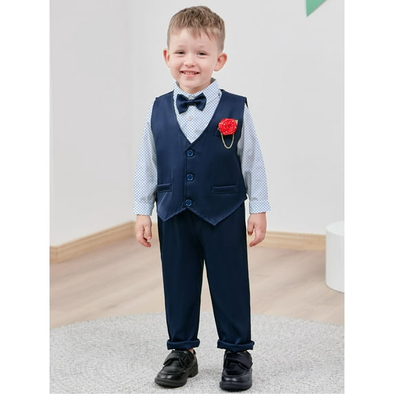 Toddler Boy Clothes Suit 1-6T Boys Formal Dress Shirt + Bowtie +Vest +Boutonniere +Suspender Pants Boys Gentleman Outfits Set