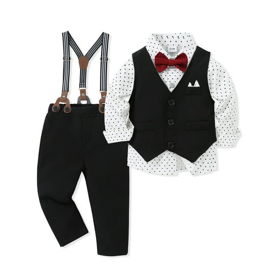 CARETOO Toddler Boy Clothes Suit Outfit Formal Shirt Vest Bow Tie Suspender Pant Cotton Fabric 4pcs