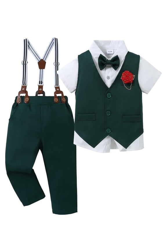 Toddler Boy Clothes Suit Shirt Bowtie Vest Corsage Suspender Pants 5Pcs Set Formal Outfits