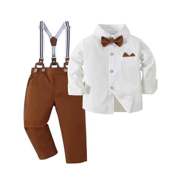 CARETOO Toddler Boy Clothes Suit Wedding Formal Outfit Dress Shirt Tie Suspender Pants Cotton Fabric