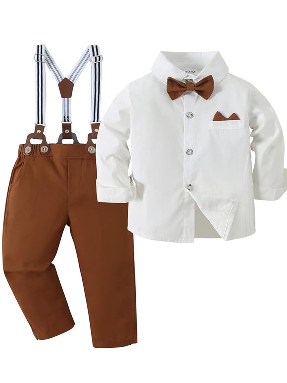 Toddler Boy Clothes Suit Wedding Formal Outfit Dress Shirt Tie Suspender Pants Cotton Fabric